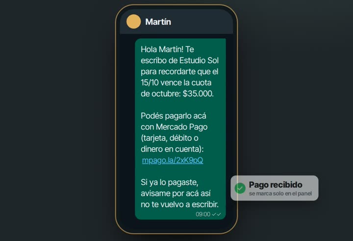 Recordatorio de cobro por WhatsApp con link de pago