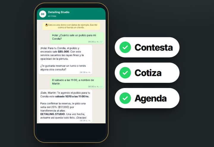 Asistente de WhatsApp contestando, cotizando y agendando