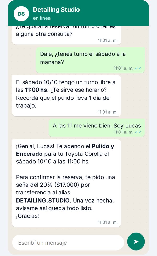 Conversación real con la demo: cotiza un pulido y agenda el turno